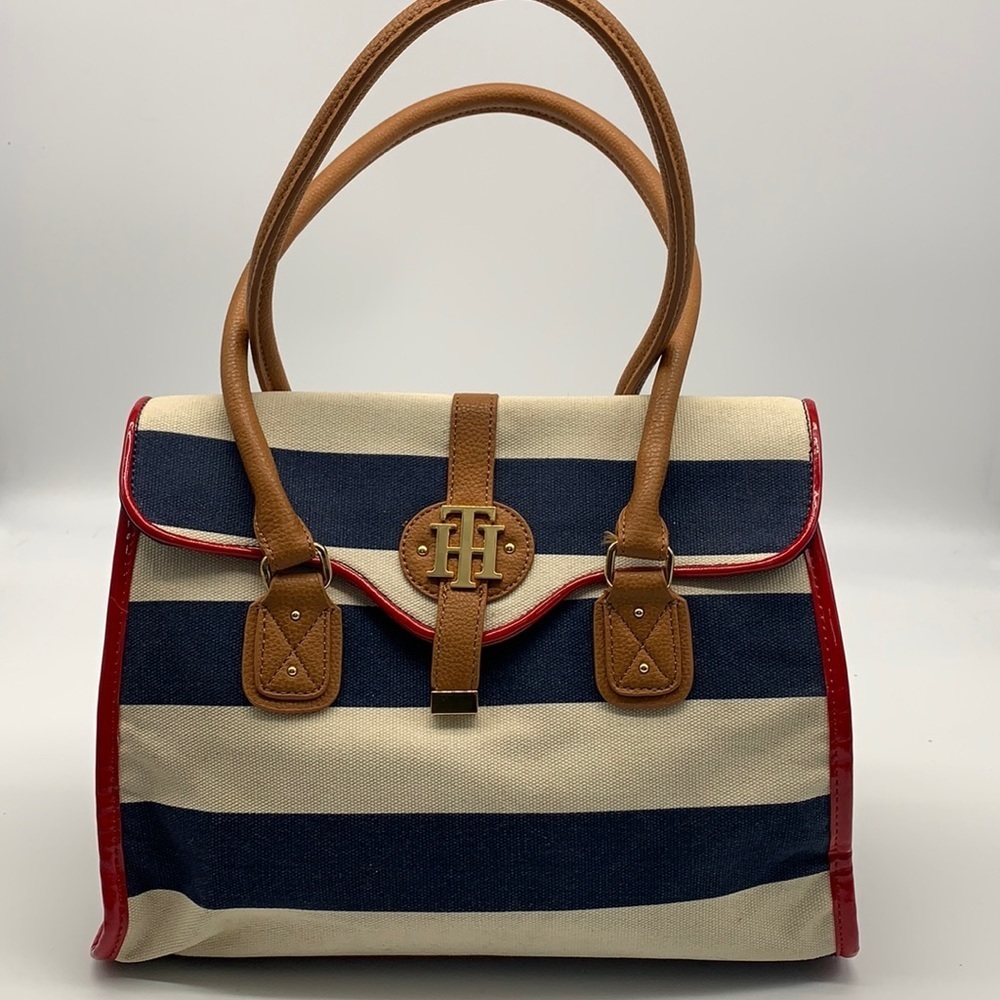 Tommy Hilfiger Navy Blue, Cream & Brown Striped Satchel with Red Trim